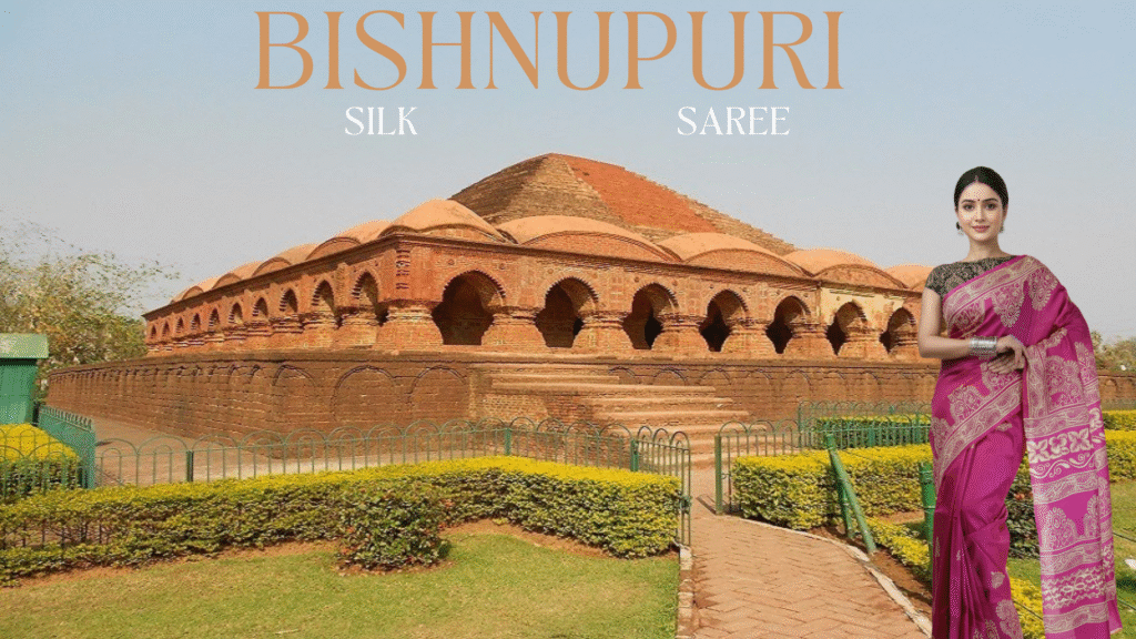 Elegant woman wearing Bishnupuri Silk Saree in golden-beige shade, showcasing traditional handwoven Bengal craftsmanship in bishnupur rash mancha
